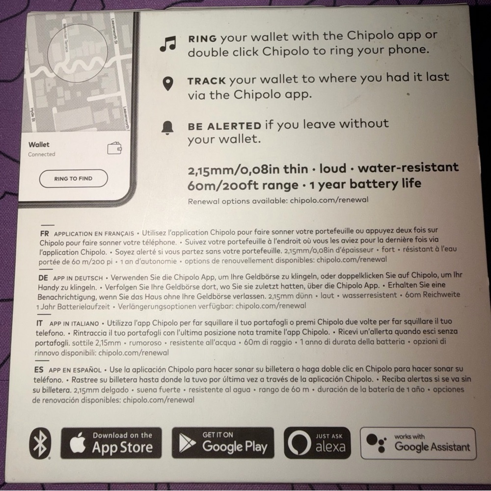 Chipolo Bluetooth Item Finder Thin Water-Resistant 1yr Battery for Wallet/Phone - Picture 2 of 4